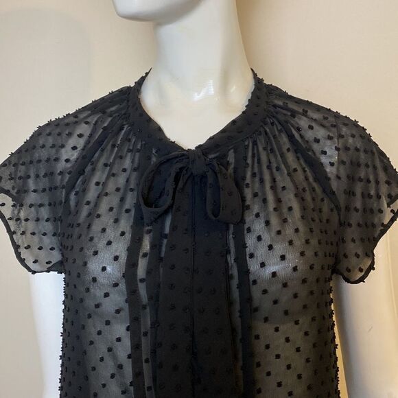 Loft Black Button Down Top Sheer Chiffon with Tie at Neckline Size XS - Picture 2 of 7